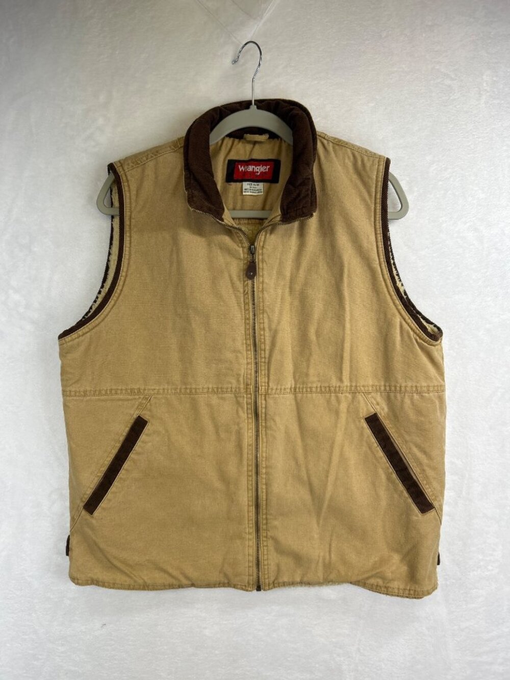 Wrangler Hero Sherpa Lined Canvas Vest Men's M Full Zip Tan Corduroy Trim - Picture 10 of 13